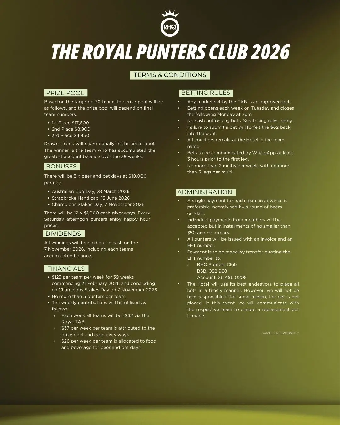 Terms and Conditions for Royal Punters Club at the Royal Hotel Queanbeyan